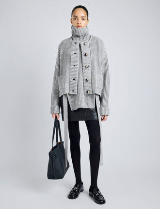 Proenza Schouler Front full length image of model wearing Azura Sweater in Moulinex Knits in PEBBLE MELANGE