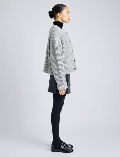 Proenza Schouler Side full length image of model wearing Azura Sweater in Moulinex Knits in PEBBLE MELANGE