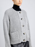 Proenza Schouler Detail image of model wearing Azura Sweater in Moulinex Knits in PEBBLE MELANGE
