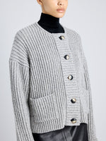 Proenza Schouler Detail image of model wearing Azura Sweater in Moulinex Knits in PEBBLE MELANGE