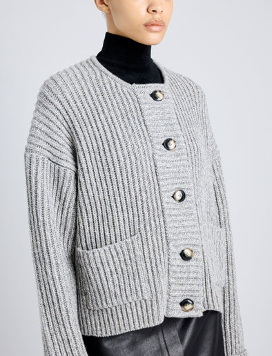 Proenza Schouler Detail image of model wearing Azura Sweater in Moulinex Knits in PEBBLE MELANGE