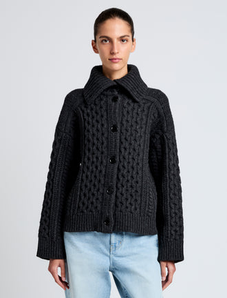 Proenza Schouler cropped front image of model wearing Darlene Sweater in Cable Knit in COAL