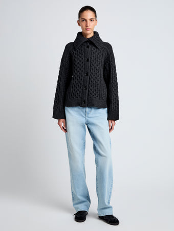 Proenza Schouler front image of model wearing Darlene Sweater in Cable Knit in COAL