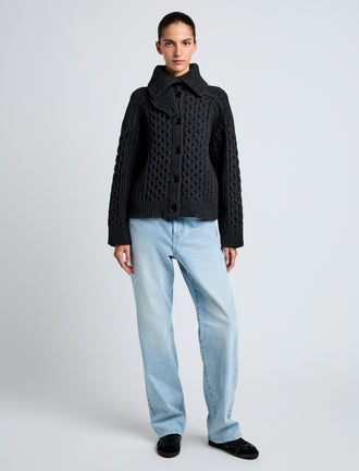 Proenza Schouler front image of model wearing Darlene Sweater in Cable Knit in COAL