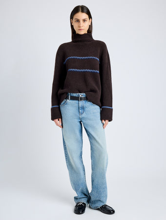 Proenza Schouler front image of model wearing Anne Fairisle Sweater in Merino Wool in CACAO/NAVY/CORNFLOWER