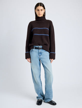 Proenza Schouler front image of model wearing Anne Fairisle Sweater in Merino Wool in CACAO/NAVY/CORNFLOWER