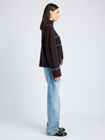 Proenza Schouler side image of model wearing Anne Fairisle Sweater in Merino Wool in CACAO/NAVY/CORNFLOWER