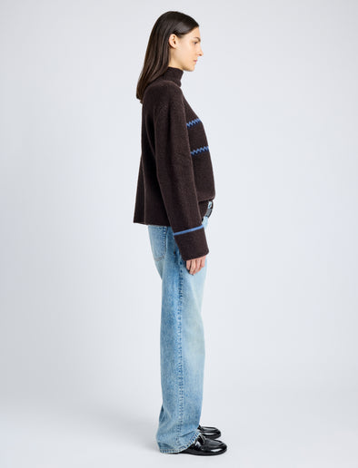 Proenza Schouler side image of model wearing Anne Fairisle Sweater in Merino Wool in CACAO/NAVY/CORNFLOWER
