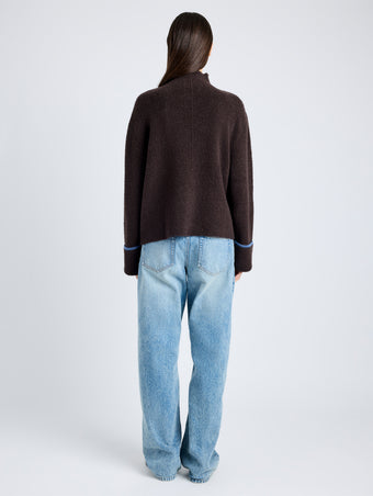 Proenza Schouler back image of model wearing Anne Fairisle Sweater in Merino Wool in CACAO/NAVY/CORNFLOWER