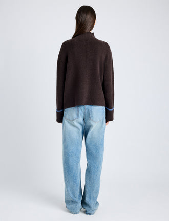 Proenza Schouler back image of model wearing Anne Fairisle Sweater in Merino Wool in CACAO/NAVY/CORNFLOWER