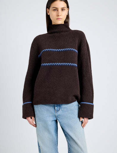 Proenza Schouler detail image of model wearing Anne Fairisle Sweater in Merino Wool in CACAO/NAVY/CORNFLOWER