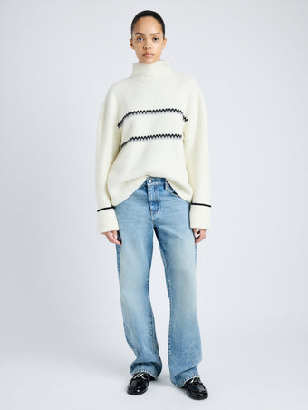 Proenza Schouler front image of model wearing Anne Fairisle Sweater in Merino Wool in WHITE/BLACK/COAL