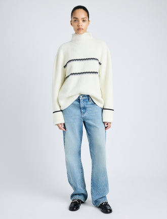 Proenza Schouler front image of model wearing Anne Fairisle Sweater in Merino Wool in WHITE/BLACK/COAL