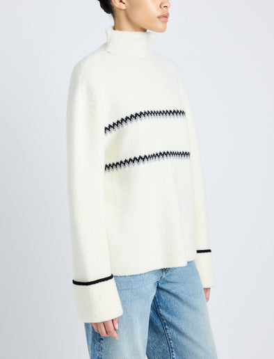 Proenza Schouler detail image of model wearing Anne Fairisle Sweater in Merino Wool in WHITE/BLACK/COAL