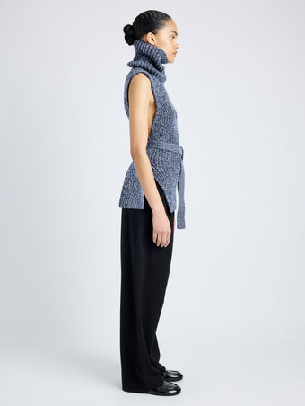 Proenza Schouler Side full length image of model wearing Ember Vest in Moulinex Knits in INK MELANGE