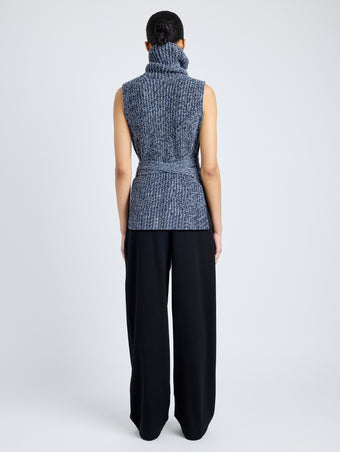 Proenza Schouler Back full length image of model wearing Ember Vest in Moulinex Knits in INK MELANGE