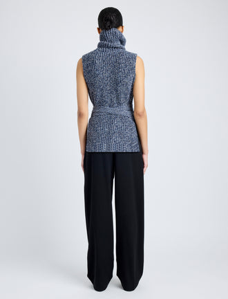 Proenza Schouler Back full length image of model wearing Ember Vest in Moulinex Knits in INK MELANGE