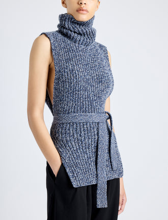 Proenza Schouler Detail image of model wearing Ember Vest in Moulinex Knits in INK MELANGE