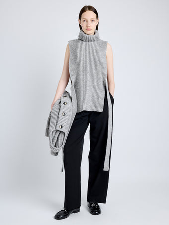 Proenza Schouler Front full length image of model wearing Ember Vest in Moulinex Knits in PEBBLE MELANGE