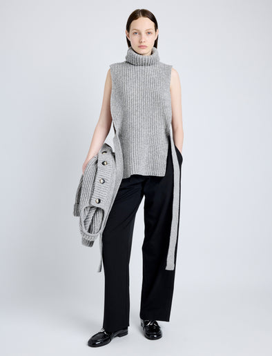 Proenza Schouler Front full length image of model wearing Ember Vest in Moulinex Knits in PEBBLE MELANGE