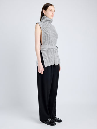 Proenza Schouler Side full length image of model wearing Ember Vest in Moulinex Knits in PEBBLE MELANGE