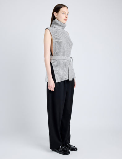 Proenza Schouler Side full length image of model wearing Ember Vest in Moulinex Knits in PEBBLE MELANGE