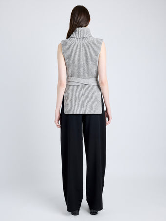 Proenza Schouler Back full length image of model wearing Ember Vest in Moulinex Knits in PEBBLE MELANGE