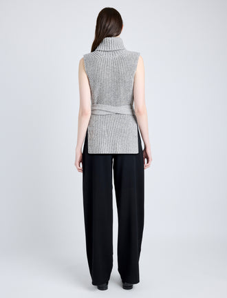 Proenza Schouler Back full length image of model wearing Ember Vest in Moulinex Knits in PEBBLE MELANGE