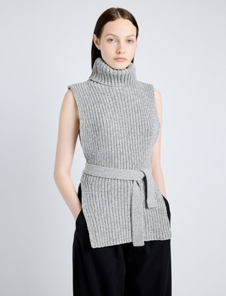 Proenza Schouler Detail image of model wearing Ember Vest in Moulinex Knits in PEBBLE MELANGE