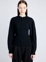 Proenza Schouler Detail image of model wearing Carolina Sweater in Souffle Knit in BLACK