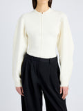 Proenza Schouler Detail image of model wearing Carolina Sweater in Souffle Knit in ALABASTER