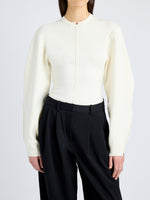 Proenza Schouler Detail image of model wearing Carolina Sweater in Souffle Knit in ALABASTER