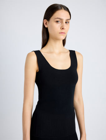 Proenza Schouler Detail image of model wearing Lucia Dress in Souffle Knit in BLACK