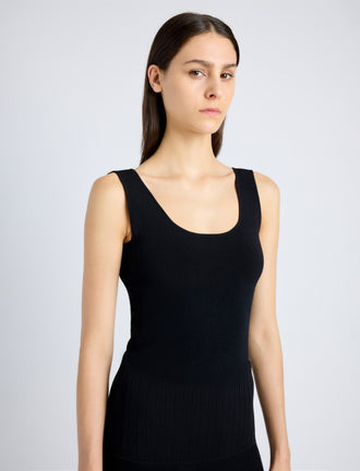 Proenza Schouler Detail image of model wearing Lucia Dress in Souffle Knit in BLACK