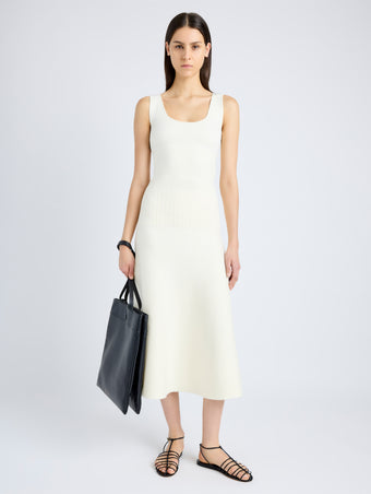 Proenza Schouler Front full length image of model wearing Lucia Dress in Souffle Knit in ALABASTER