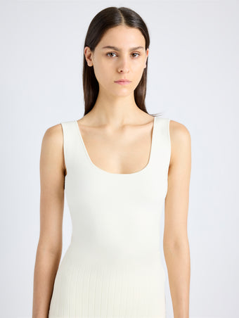 Proenza Schouler Detail image of model wearing Lucia Dress in Souffle Knit in ALABASTER