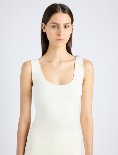 Proenza Schouler Detail image of model wearing Lucia Dress in Souffle Knit in ALABASTER