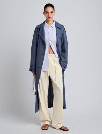 Proenza Schouler Front full length image of model wearing Sakia Coat in Wool Melange in Denim