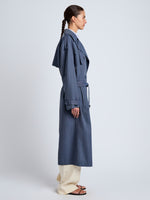 Proenza Schouler Side full length image of model wearing Sakia Coat in Wool Melange in Denim
