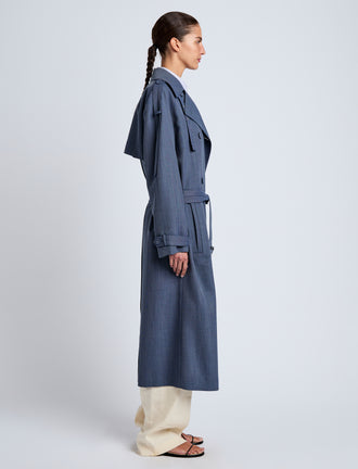 Proenza Schouler Side full length image of model wearing Sakia Coat in Wool Melange in Denim