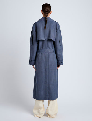 Proenza Schouler Back full length image of model wearing Sakia Coat in Wool Melange in Denim