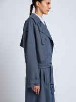 Proenza Schouler Detail image of model wearing Sakia Coat in Wool Melange in Denim