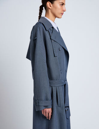 Proenza Schouler Detail image of model wearing Sakia Coat in Wool Melange in Denim