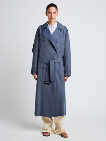 Proenza Schouler Front full length image of model wearing Sakia Coat in Wool Melange in Denim