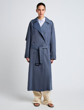 Proenza Schouler Front full length image of model wearing Sakia Coat in Wool Melange in Denim
