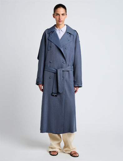 Proenza Schouler Front full length image of model wearing Sakia Coat in Wool Melange in Denim