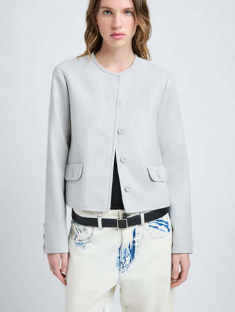 Proenza Schouler Detail image of model wearing Lucas Jacket in Wool Melange in Light Grey
