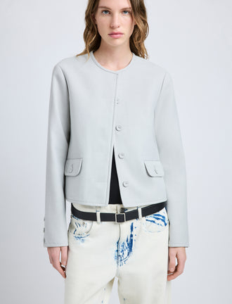 Proenza Schouler Detail image of model wearing Lucas Jacket in Wool Melange in Light Grey