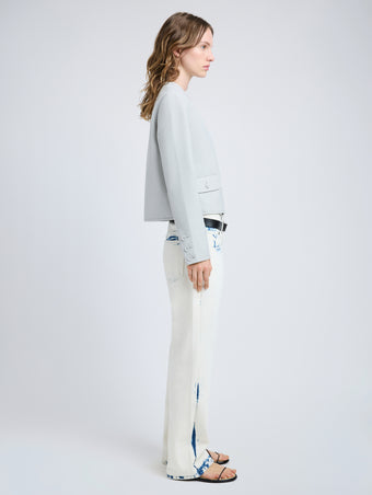 Proenza Schouler Side full length image of model wearing Lucas Jacket in Wool Melange in Light Grey