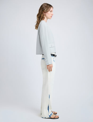Proenza Schouler Side full length image of model wearing Lucas Jacket in Wool Melange in Light Grey